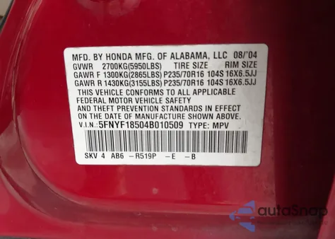 2004 Honda Pilot Ex-L z USA, uszkodzony, nr VIN 5FNYF18504B010509
